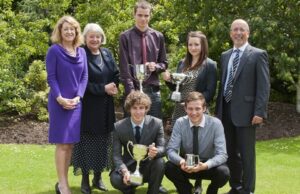 Star students Douglas Powley, Eliza Waldron, Stuart Plant and William Astley with Christine Gaskell MBE, Emily Thrane, Meredydd David