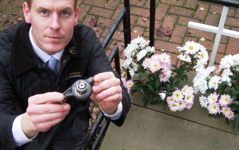 Chris Large with plane relic at Arthur Brown memorial