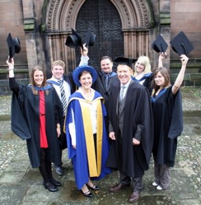 Agriculture grads Jessica Hurren, Phillip Berry, Andrew Vickers, Kirsty Bellfield, Amy Atkin with Jane Richardson and Adam Henson