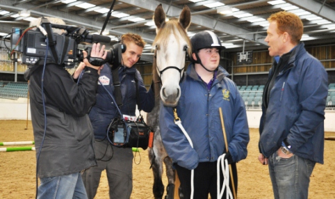 Filming in the indoor school - Chris Jones, Adam Henson and Estrella, Mark Scott (camera) and Matt on sound