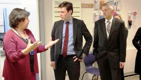 Andy Burnham, with Verity Lockett (Service Manager for Emergency Care) and Dr Adrian Heald (Consultant)