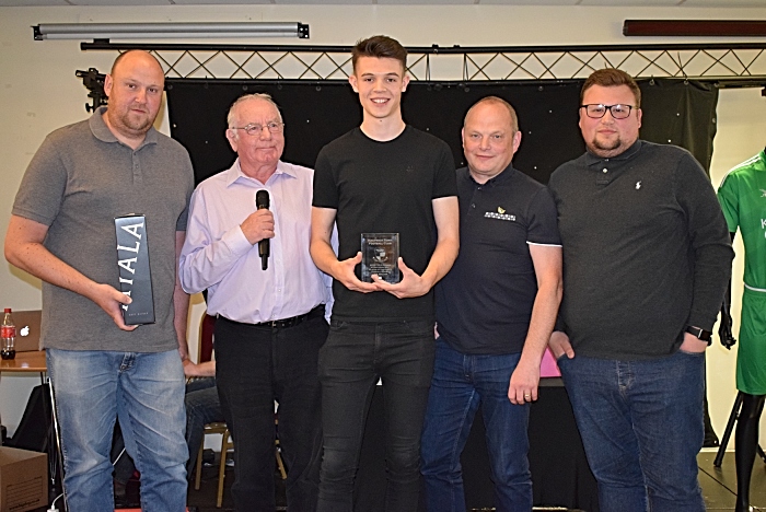 2018-19 NTISA Edencroft Player of the Month Overall Winner Joe Malkin with his award from Nantwich Town Independent Supporters Association (NTISA) (1)