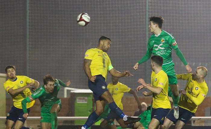 Second-half - first Nantwich goal - Joe Malkin heads the ball into the danger zone (1)