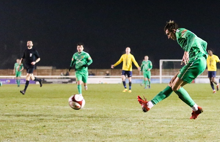 Second-half - second Nantwich goal - Nantwich Refrigeration Services man of the match Dan Cockerline scores the winner v Gainsborough