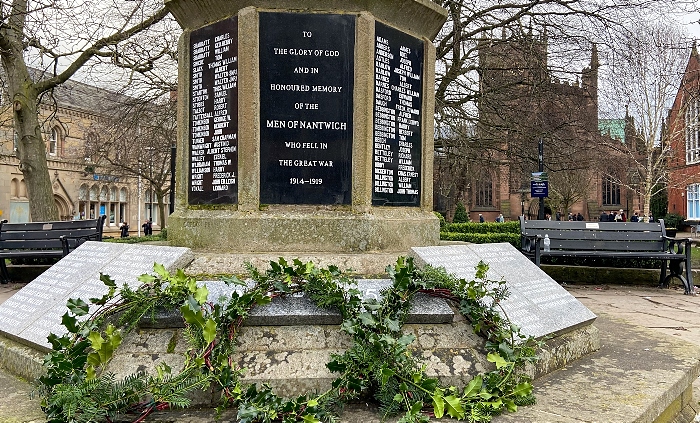 The three wreaths on the war memorial with St Marys Nantwich in the background (1)