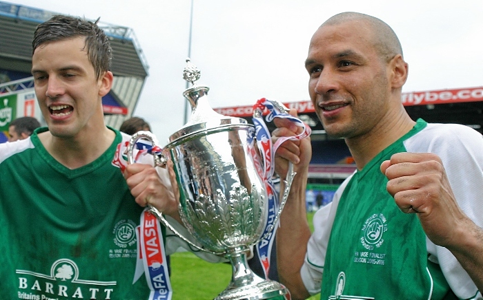 John Scarlett (right) celebrating with teammate Paul Taylor after the FA Vase Final victory (1)