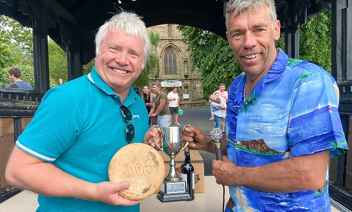 Adult race winner Nick Wilson from Wybunbury receives trophy from Mark Walker, Chair of Wybunbury Preservation Trust (1)