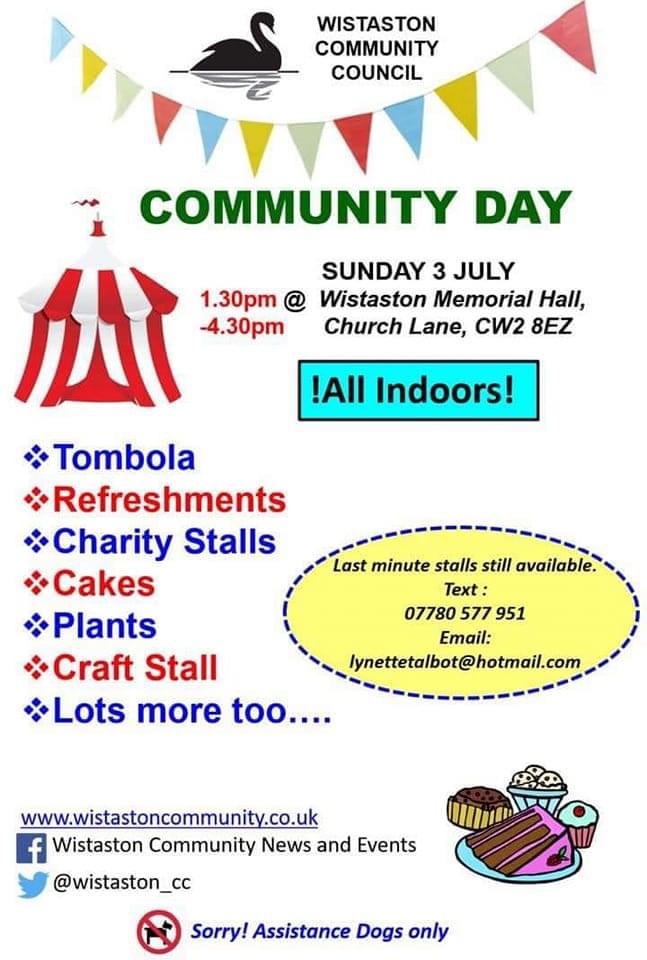 Poster - Community Day at Wistaston Memorial Hall this Sunday