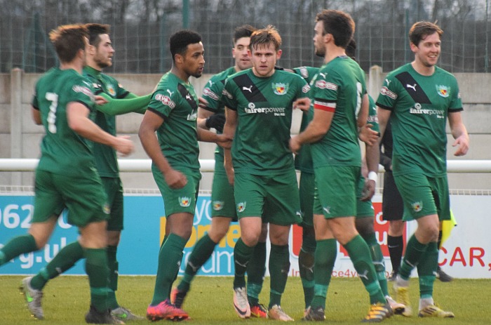 Andy White (centre) equalised for Nantwich on the stroke of half time v Barwell