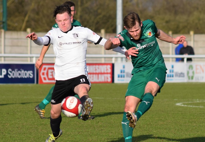 Andy White shoots for goal v Corby