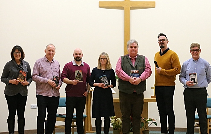 Authors with compere Michael Molcher and organisers Denise and Steve Lawson from Nantwich Book Shop and Coffee Lounge at Nantwich Methodist Church (1)