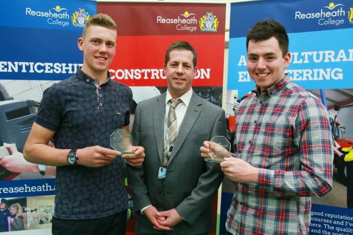 Best construction apprentices Adam Platt and Ewan Collins with assessor Andy Armitage