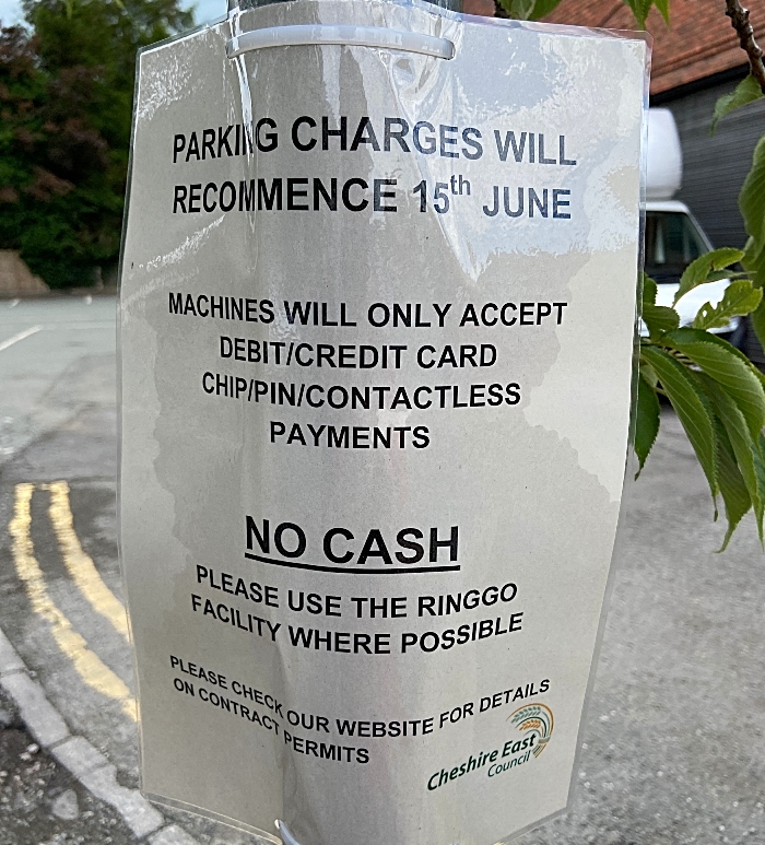 CEC car park - parking charges recommence 15th June sign (1) (1)