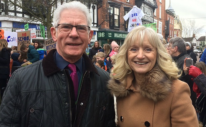 Cllr Arthur Moran and Malbank headteacher Jeanette Walker at school funding cuts protest