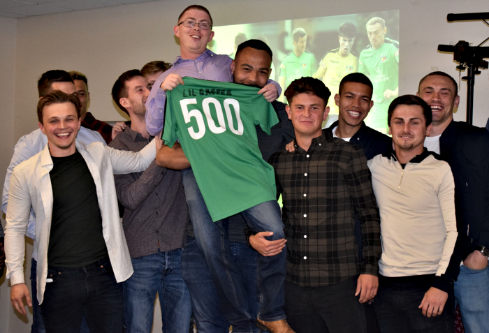 Club Secretary Carl Thorpe is congratulated by the squad for 500 matches at Nantwich Town FC