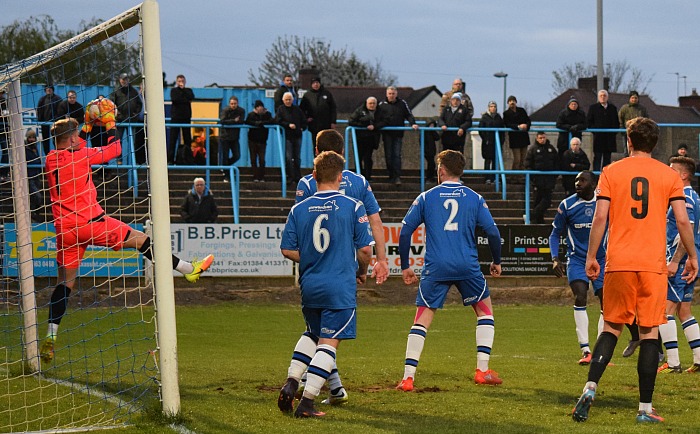 Curtis Jones header is saved by Halesowen keeper Daniel Platt