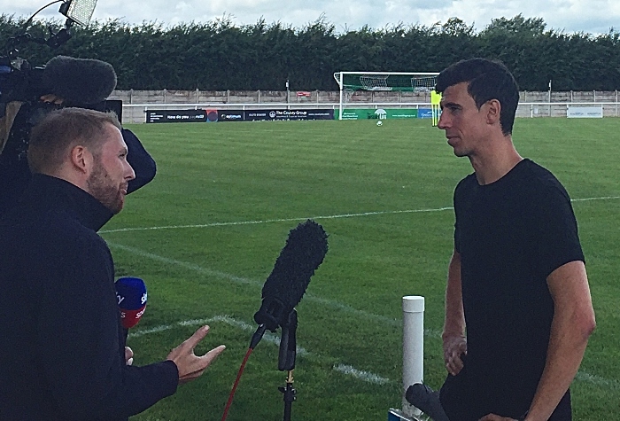 Daniel Ayala training with Nantwich Town, being interviewed pitch side