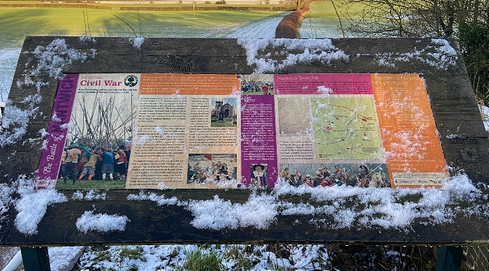 Display board on the bridge over the Shropshire Union Canal near Acton Church with views of Henhull battlefield (1)