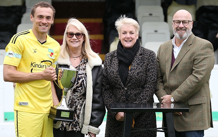 Eddie Morris Memorial Trophy 2020 - presentation - Dabbers captain Joel Stair with Janet Crowe, Gail Smith and John Morris