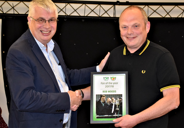 Fan of the year 2017-18 - Nantwich Town Chairman Tony Davison - left - presents award to Rob Woods