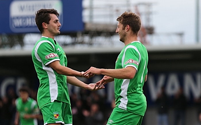 First Nantwich goal - scorer James Lawrie celebrates his goal with captain Caspar Hughes (1)