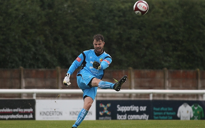 First-half - Dabbers keeper Matthew Gould kicks the ball forwards (1)