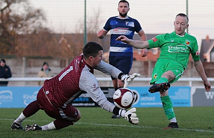 First-half - Dabbers striker Scott McGowan shot beats the keeper but was defended off the line v Winsford