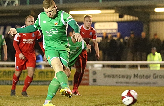 First-half - Danny Glover penalty is saved by Bamber Bridge keeper Lloyd Rigby (1)