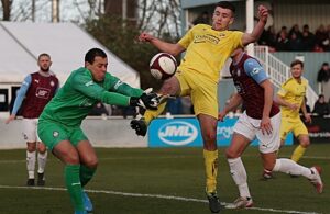 Ethon Varian puts South Shields keeper Myles Boney under pressure