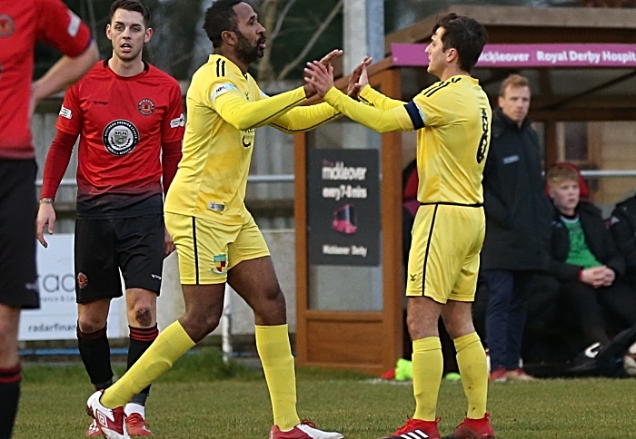 First-half - Nantwich goal - captain Caspar Hughes celebrates his goal with teammate Ricardo Fuller v Mickleover Sports