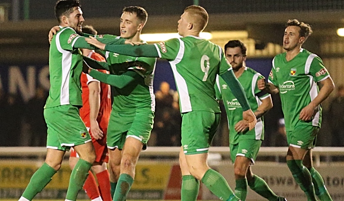 First-half - first Nantwich Town goal - Callum Saunders celebrates with teammates (1)