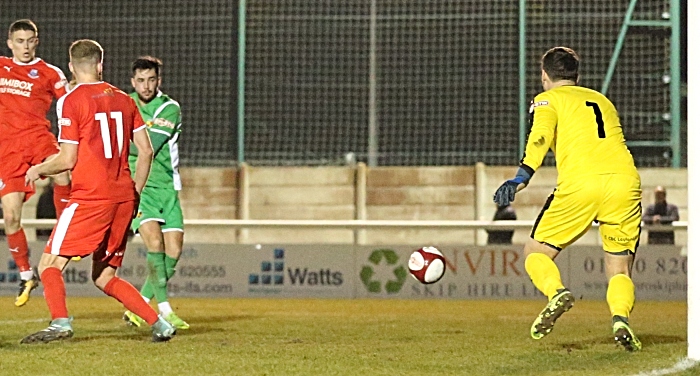 First-half - first Nantwich Town goal - Callum Saunders fires home from close range (1)