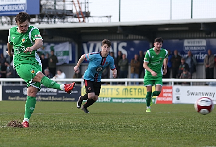 First-half - first Nantwich Town goal - Sean Cooke penalty deflects off the post and Callum Saunders scores from the rebound (1)