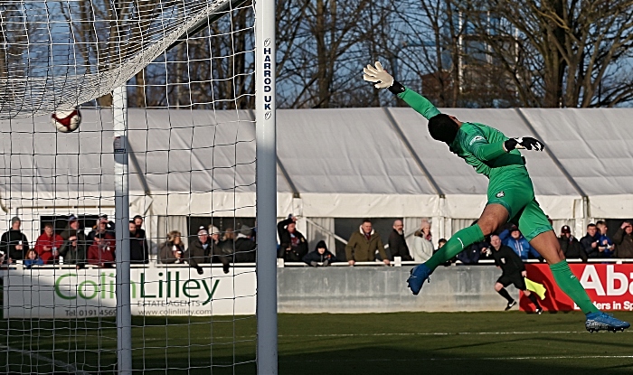 First-half - first Nantwich goal - Caspar Hughes beats South Shields keeper Myles Boney with spectacular long-range shot (1)