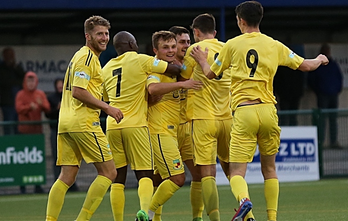 First-half - first Nantwich goal - Caspar Hughes celebrates with teammates v Buxton