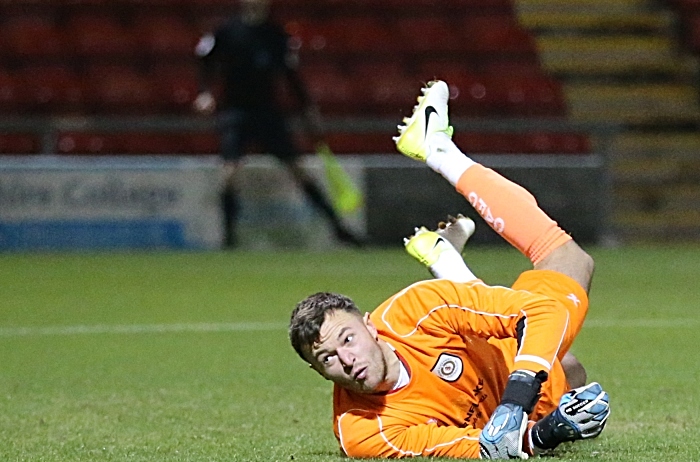 First-half - second Nantwich Town goal - Callum Saunders shoots to the far corner past keeper Dave Richards (2) (1)