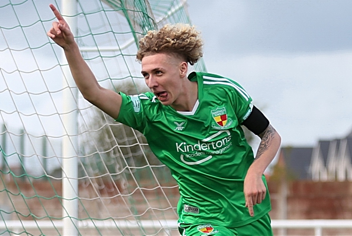 First-half - second Nantwich goal - Luke Walsh celebrates his goal v Lancaster City