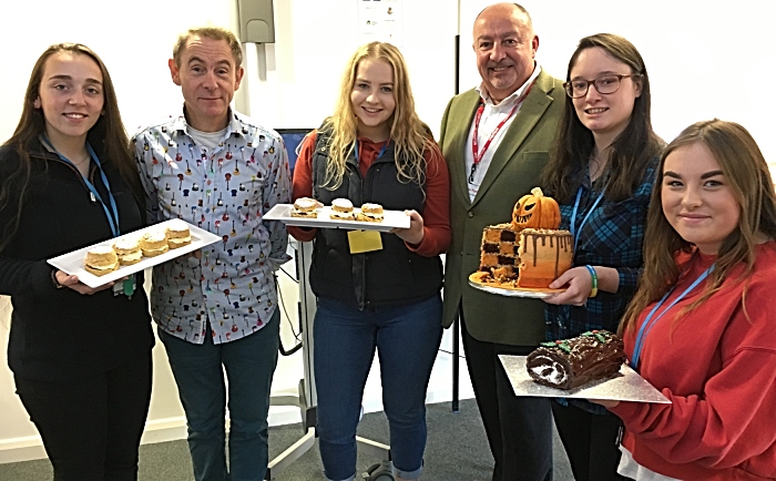 Food tech students Thea Mycock, Lizzie Morris, Laura Mellor and Daisy Ford with Nigel Barden and Ian Sarson[1]