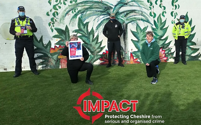 From left, PCSOs Tony Icke and Joanne Pendrey, Rage Fitness CEO Craig Brown, Blacon Adventure Playground Manager Sandra Hewitt and Youth Leader Lisa Pritchard during the playground visit (1)