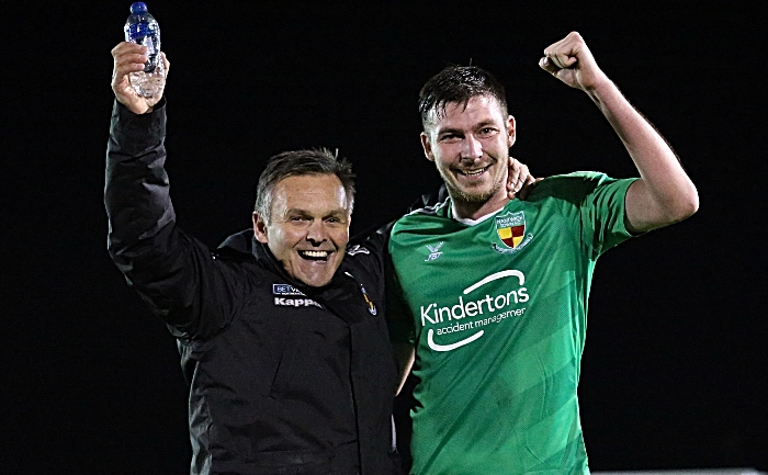 Full-time - Dabbers Manager Dave Cooke and Ben Harrison celebrate victory over Buxton