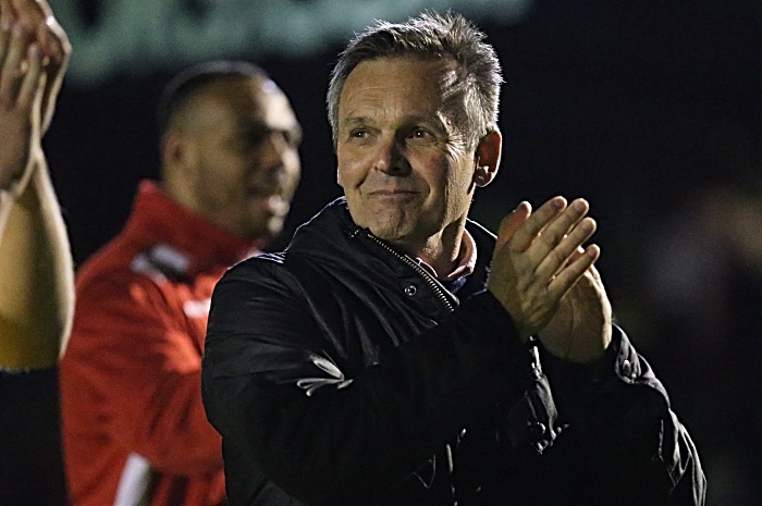 Full-time - Manager Dave Cooke celebrates victory and applauds support from fans (1)