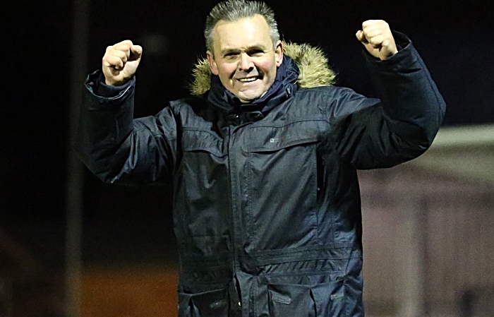 Full-time - Nantwich Town Manager Dave Cooke celebrates the victory and top of the table at Christmas