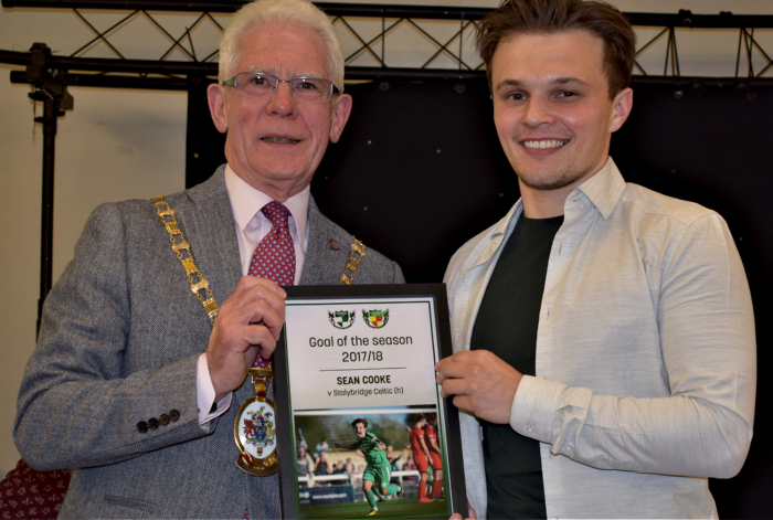 Goal of the season - Sean Cooke vs Stalybridge Celtic - Mayor of Cheshire East Councillor Arthur Moran presents award to Sean Cooke