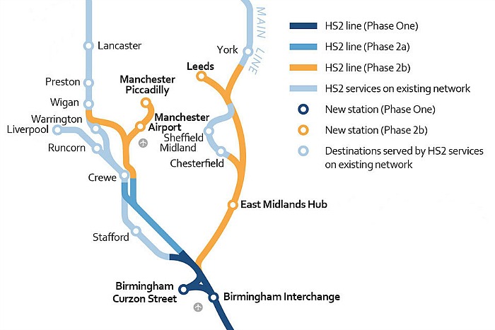 hub station at crewe - HS2 phase 2 map with key, Midlands to Crewe