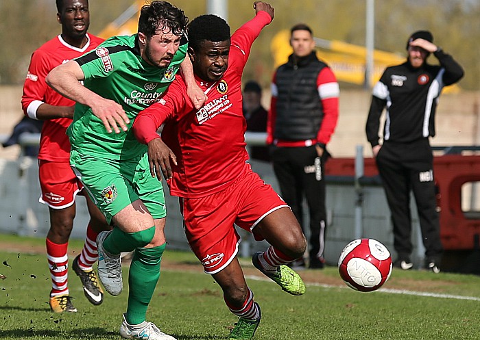 Nantwich v Rushall Olympic - Harry Clayton fights for the ball