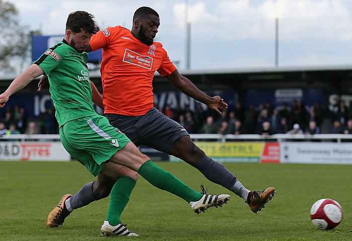 Nantwich v Stafford - Harry Clayton shot at goal under pressure