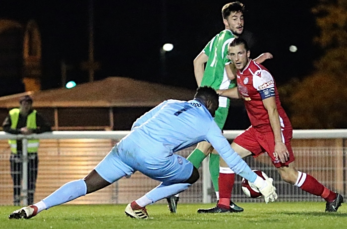 Hednesford keeper Sheridon Martinez saves from Callum Saunders (1)