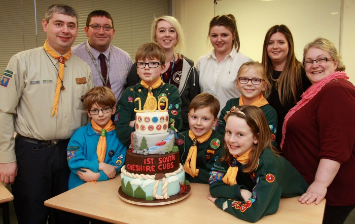 Reaseheath College cake for scouts - Henry Duncan George Duncan, Brodie Evans Aaliyah Wilson, Hannah Evans,Tim Owen, Nick Blakemore, Katie Brittleton, Susan Thomas, Hayley Clibborn, Sam Copeland (1)