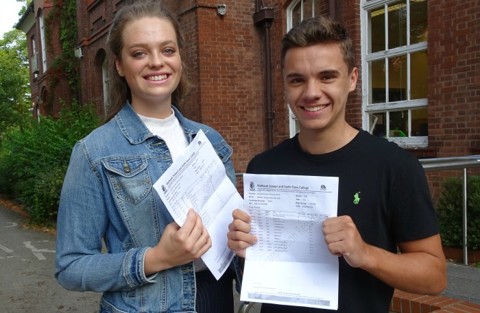 Jemima Lucas and Nathan Spencer-Hall celebrating their exam success at Malbank