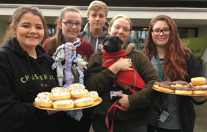 Jessica Sankey, Emily Graham, Emily Allcok, Ollie Clark and Megan Blakeley with dog Tilly